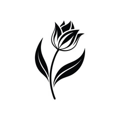 Stylized tulip in delicate black and white silhouette style with flowing stem and leaf design, high contrast  isolated on white background in Adobe Illustrator Artwork