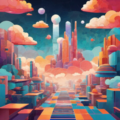 Ephemeral Cloud City in 2D Flat Style with Mosaic Art
