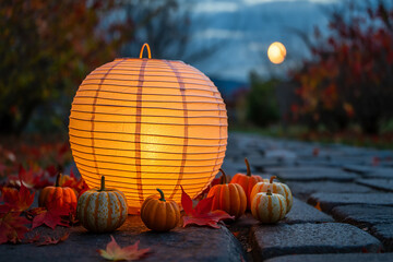 Glowing lantern and pumpkins on stone path autumn fall