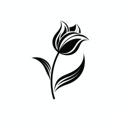 Stylized tulip in delicate black and white silhouette style with flowing stem and leaf design, high contrast  isolated on white background in Adobe Illustrator Artwork