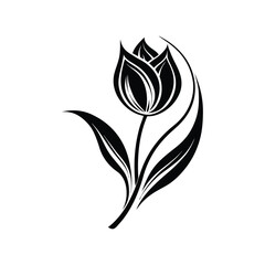 Stylized tulip in delicate black and white silhouette style with flowing stem and leaf design, high contrast  isolated on white background in Adobe Illustrator Artwork