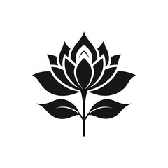 Minimalist black silhouette of a blooming flower with elegant petal curves, centered in a white background in Adobe Illustrator Artwork