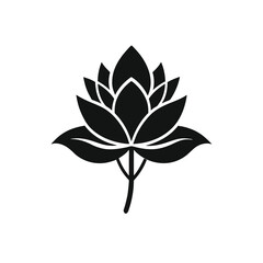 Minimalist black silhouette of a blooming flower with elegant petal curves, centered in a white background in Adobe Illustrator Artwork