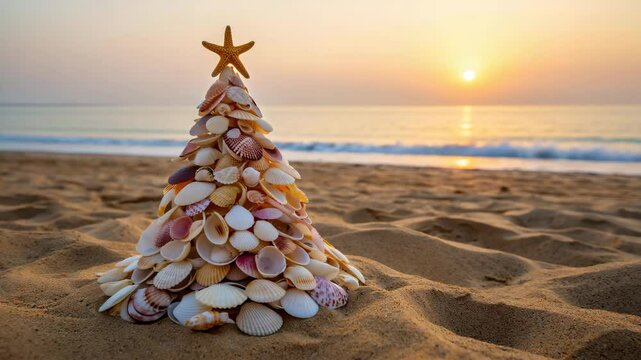 A seashell christmas tree sits on a sandy beach at sunset