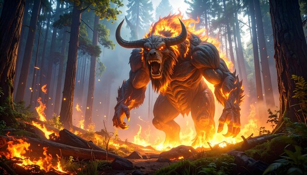 Terrifying fire behemoth roaming through burning forest with flames and smoke in the air - Powered by Adobe