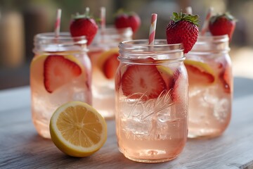 Strawberry Lemonade Refreshment: A refreshing close-up shot of several mason jar glasses filled with delightful strawberry lemonade. Featuring fresh strawberries and lemon slices. 