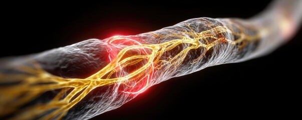 Cardiac output and plaque buildup with artery damage concept. Detailed close-up image of a neural pathway with glowing signals.