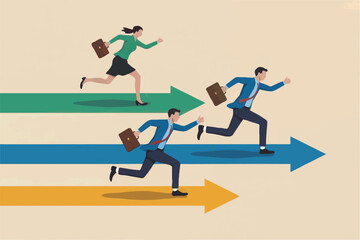 Business people running on arrows isolated on transparent background