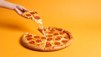 side view of a full rounded pizza with peperoni and one slice coming up with cheese melting in between isolated on white background photo, clean solid orange background
