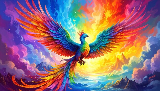 Majestic rainbow phoenix soaring high in a vibrant spectrum sky of fantasy and wonder