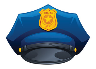 Police hat with a golden badge featuring a star, symbolizing law enforcement and authority. Vector cartoon illustration