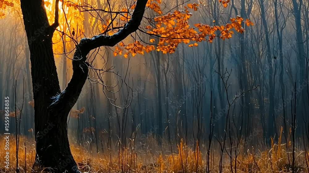 Poster autumnal forest scene with single tree trunk in sunlight