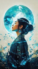 Seraphic Asian priestess with halo and prayer beads, pure beige backdrop