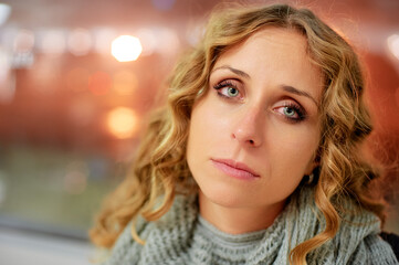 Portrait of a Young Woman with a Thoughtful Sad Expressive Look
