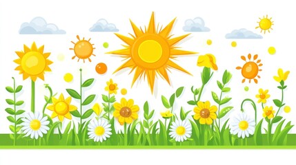 Cheerful Springtime Scene: Sunflowers, Daisies, and Sunny Skies Illustration