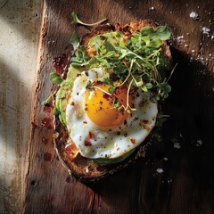 A rustic avocado toast with poached egg, microgreens, and chili flakes, served on sourdough bread