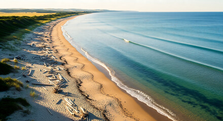 An aerial view of a pristine sandy beach meeting the turquoise ocean under a sunny sky