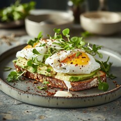 A rustic avocado toast with poached egg, microgreens, and chili flakes, served on sourdough bread