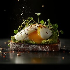 A rustic avocado toast with poached egg, microgreens, and chili flakes, served on sourdough bread