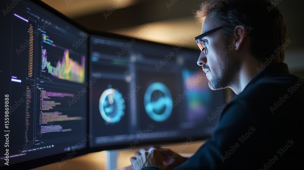 Poster data analyst working on complex visualizations in a modern office environment during late evening ho