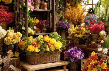 A display of vibrant artificial flowers in a rustic shop