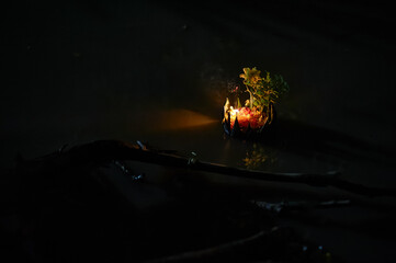 Traditional Thailand Loi Kratong Festival Floating Candle Display During Nighttime Celebration in...