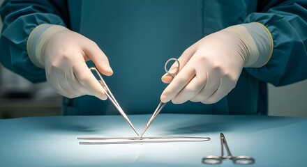 Surgeon holding surgical instruments performing operation