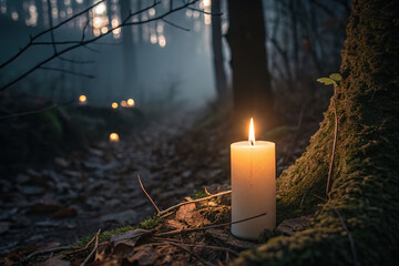 Single Glowing Candle Flame on Dark Background