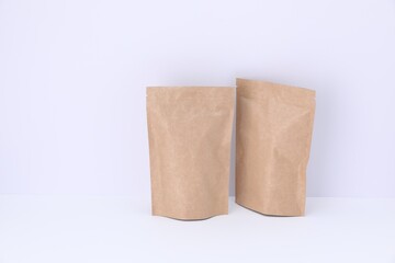 Zipper stand-up pouches on white background. Mockup for design