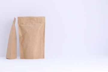 Zipper stand-up pouches on white background. Mockup for design