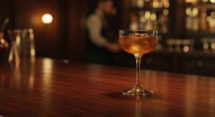 Close up of a cocktail glass with ice on a wooden bar with a bartender in the background