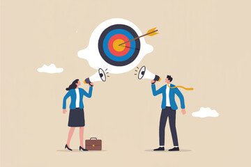 Business people announcing target achievement with megaphones isolated on transparent background