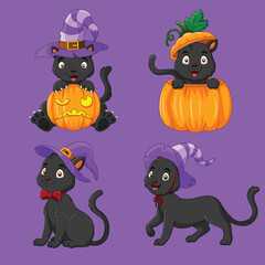 Four cartoon black cats pose with Halloween pumpkins on a solid purple background