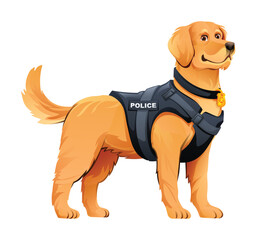 Golden Retriever police dog wearing a police vest with a badge, a friendly yet capable K9. Vector cartoon illustration