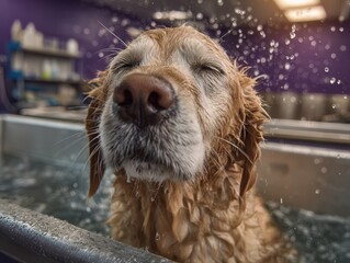 golden retriever being washed in a professional pet grooming salon