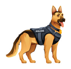 German Shepherd police dog wearing a police vest with a badge, ready for duty and protection. Vector cartoon illustration
