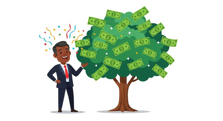 A man stands proudly next to a money tree, symbolizing financial growth and investment success. Confetti rains down, celebrating wealth and prosperity. A cartoon image for business and finance.

