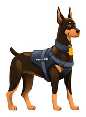 Doberman police dog wearing a police vest with a badge, an alert and agile K9 unit. Vector cartoon illustration