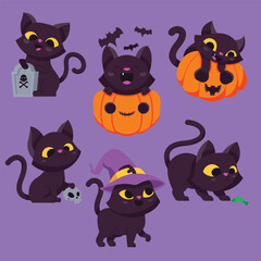 Six black cartoon cats depicted with Halloweenthemed elements on a purple background