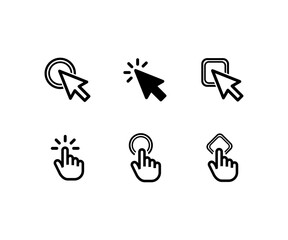 A set of pointer and click icons featuring mouse cursors and hand gestures in various click or tap positions. Ideal for user interface design, mobile apps, websites, UX/UI mockups, digital presentatio