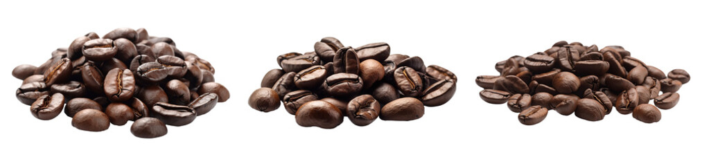 Collection of stack of brown roasted coffee beans isolated on transparent background. PNG