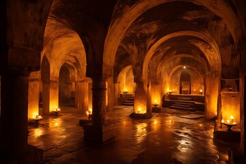 Ancient Crypt: A historical indoor, the architectural details of the past. Illuminated by golden candlelight, this evocative crypt, with its arched ceilings and majestic pillars, casts a warm glow.