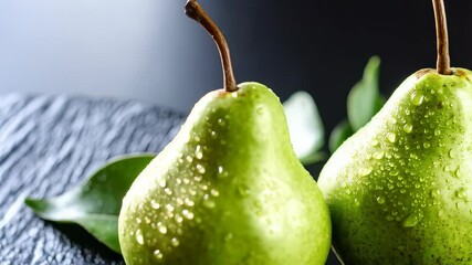 Two fresh green pears covered in water droplets with green leaves against dark background show healthy eating - Powered by Adobe