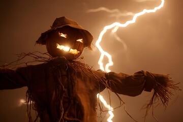 Spooky Scarecrow with Lightning: An eerie scarecrow with a glowing carved pumpkin head stands against a dramatic stormy sky, illuminated by a striking lightning bolt. A perfect visual for Halloween.