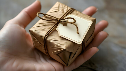 A carefully wrapped gift box tied with twine sits in the palm of a hand