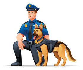 Police officer kneeling beside his K9 German Shepherd partner, showing dedication and bond. Vector cartoon illustration