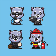 Four cartoon dogs in different professions on a light blue background