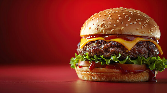 delicious hamburger with melted cheese on red background with copy space for text. yummy hamburger, delicious food.
