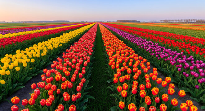 Rows of vibrant red, yellow, purple, and orange tulips bloom in a vast field at sunset - Powered by Adobe