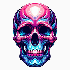 A vibrant, stylized illustration of a human skull with a neon-like glow in shades of pink, blue, and purple.